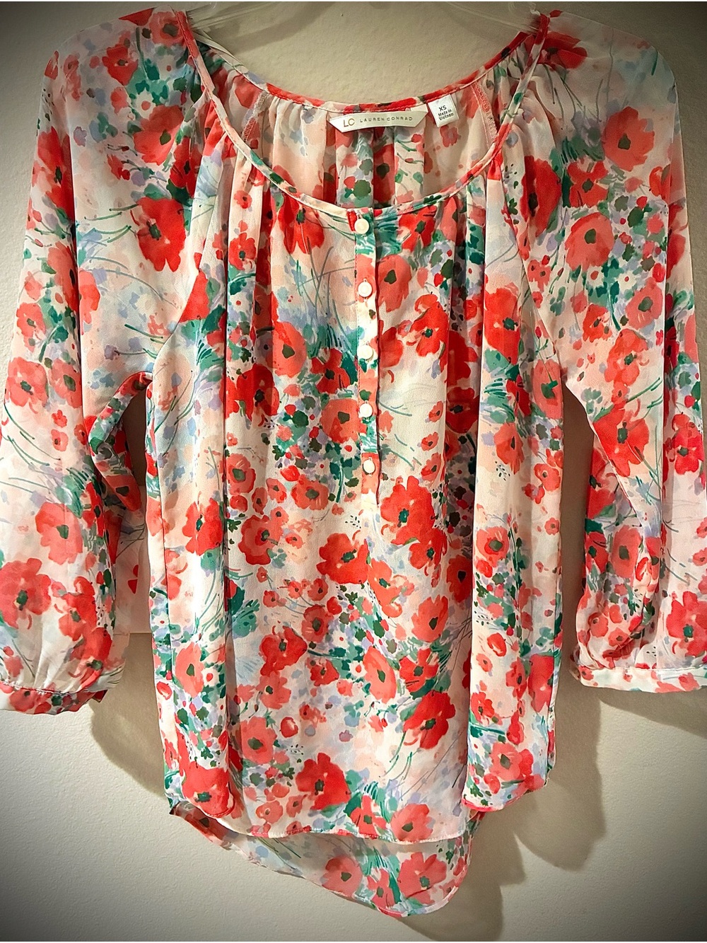 LC Lauren Conrad Coral and Green Floral Button-Front Blouse, sheer, XS